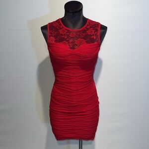 Colorful brand Red Stretchy Body-con Mini Dress with Red Lace!